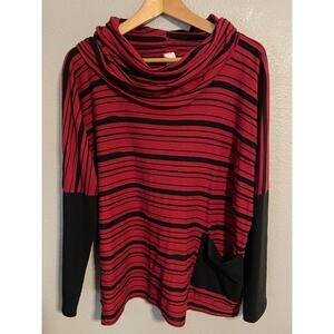Chalet Shirt Womens Medium Red Black Striped Cowl Neck Long Sleeve Pocket Tunic